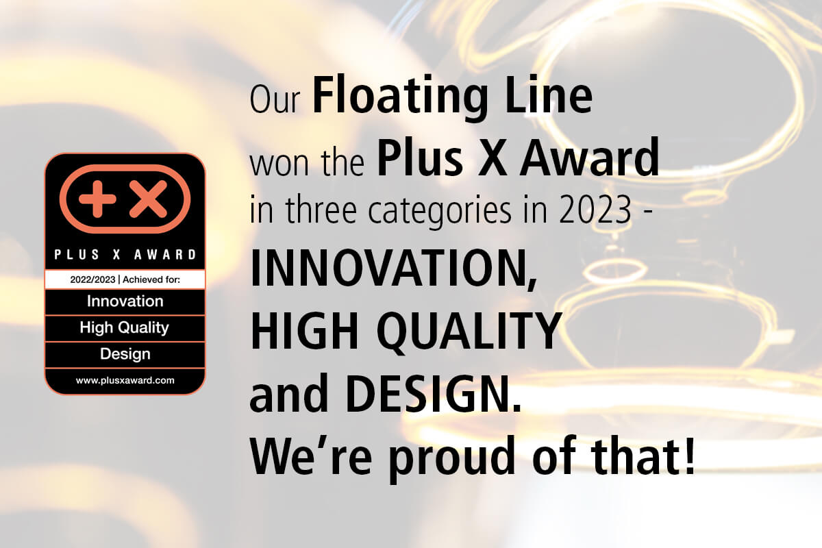 Banner featuring the logo and information about the Plus X Award won in 2023. Awarded for Innovation, High Quality and Design.