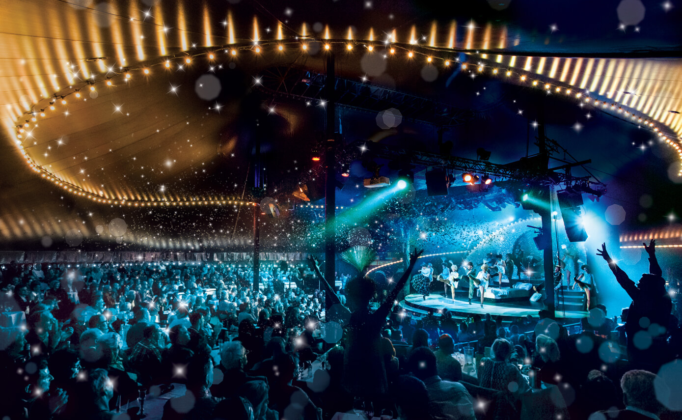 Reference image of the Tipi at the Chancellery in Berlin, stage area with numerous light fittings installed