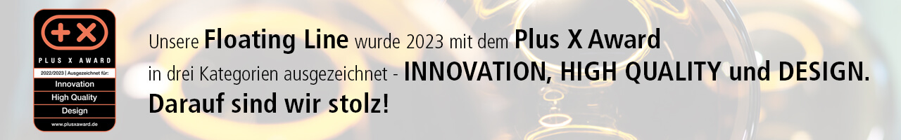 Banner mit Logo und Informationen über die Plus X Award Auszeichnung in 2023. Ausgezeichnet für Innovation, High Quality und Design.