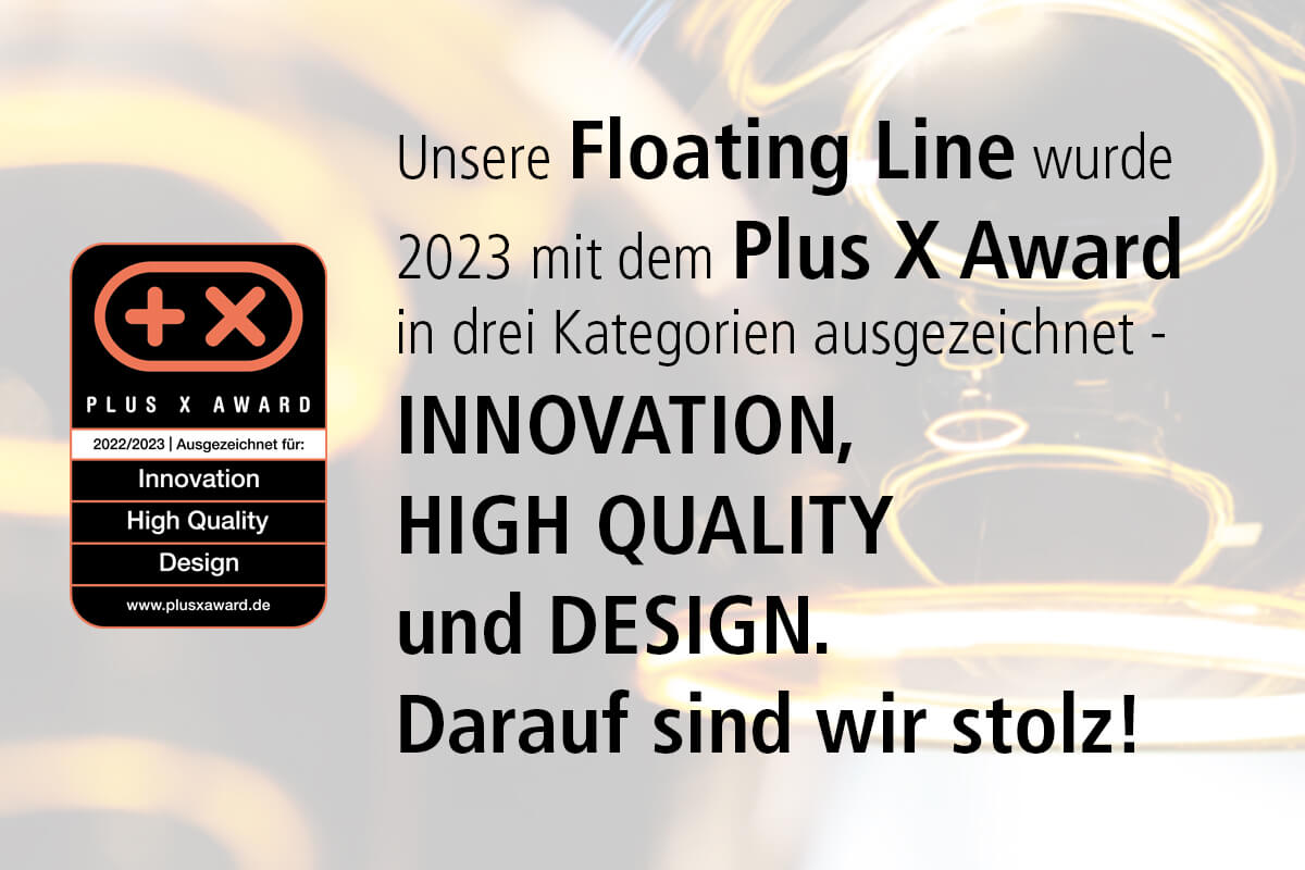 Banner mit Logo und Informationen über die Plus X Award Auszeichnung in 2023. Ausgezeichnet für Innovation, High Quality und Design.