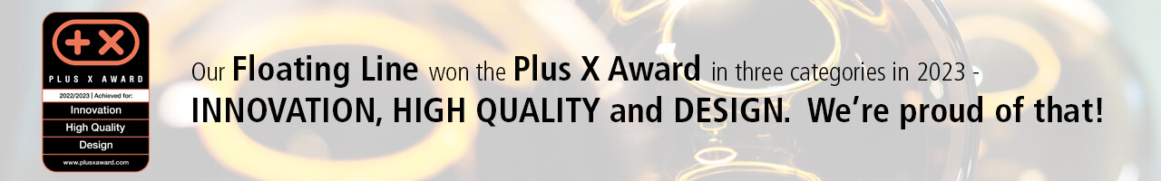 Banner featuring the logo and information about the Plus X Award won in 2023. Awarded for Innovation, High Quality and Design.