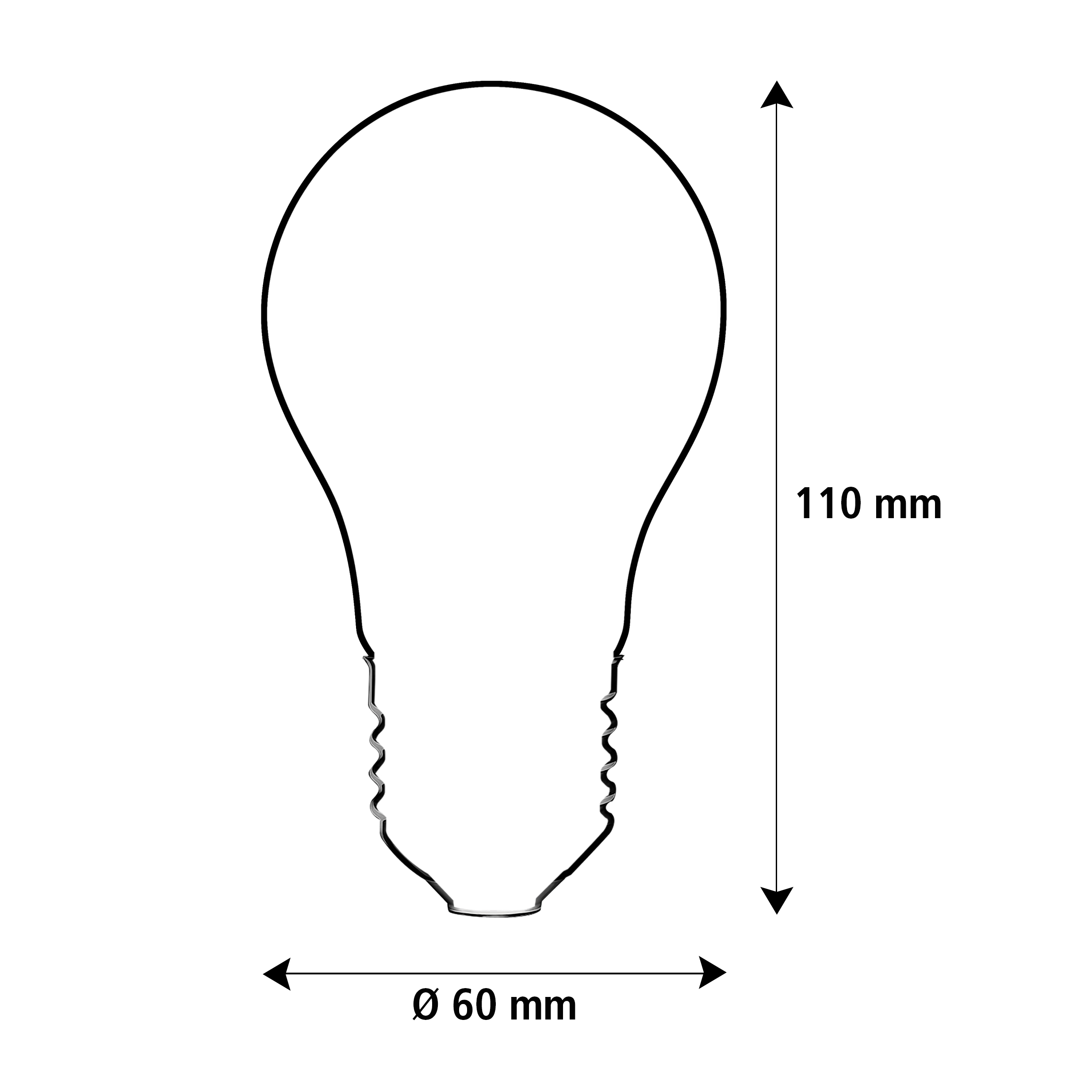 Größenschema Glühlampe: Durchmesser 60 mm, Höhe 110 mm