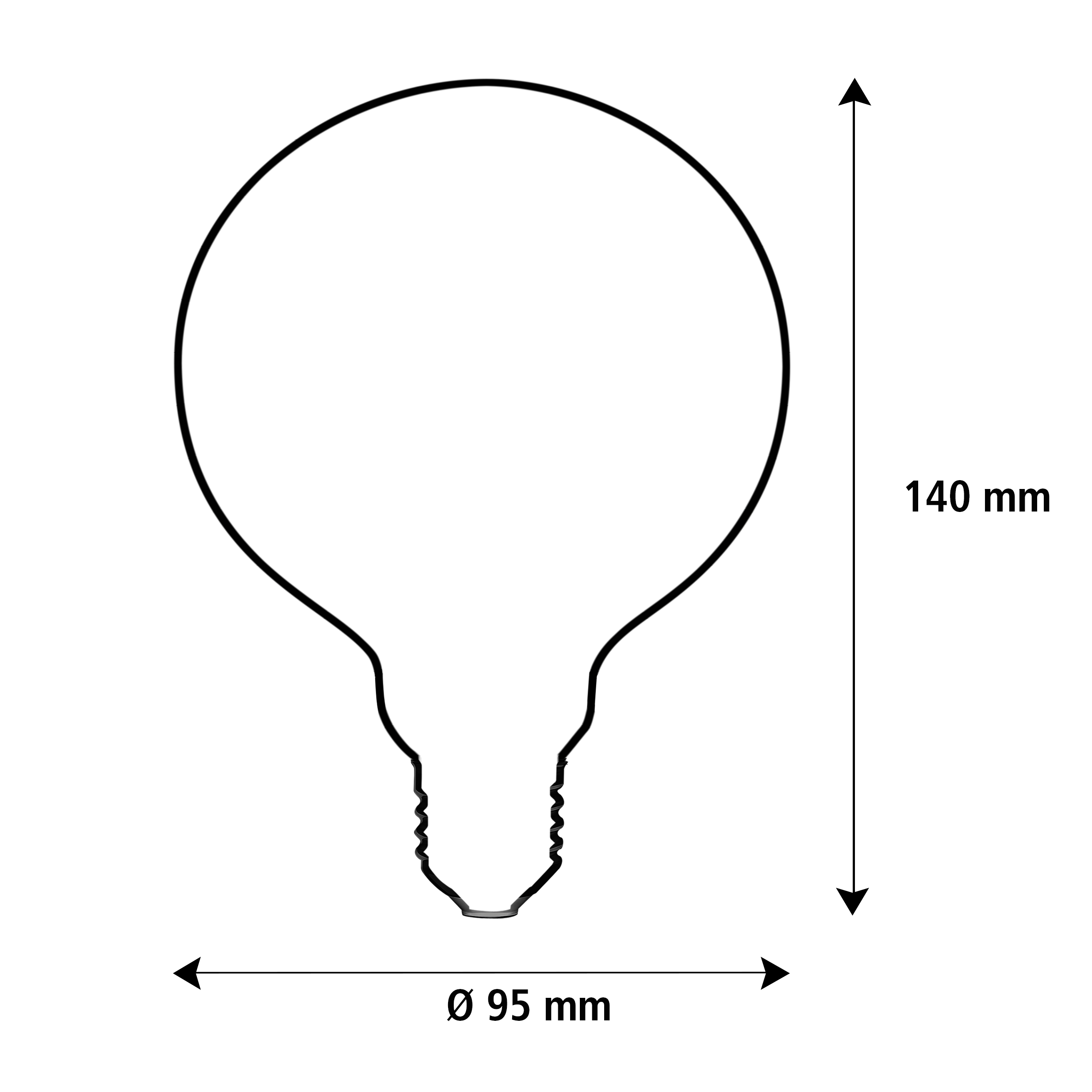 Größenschema Globe: Durchmesser 95 mm, Höhe 140 mm
