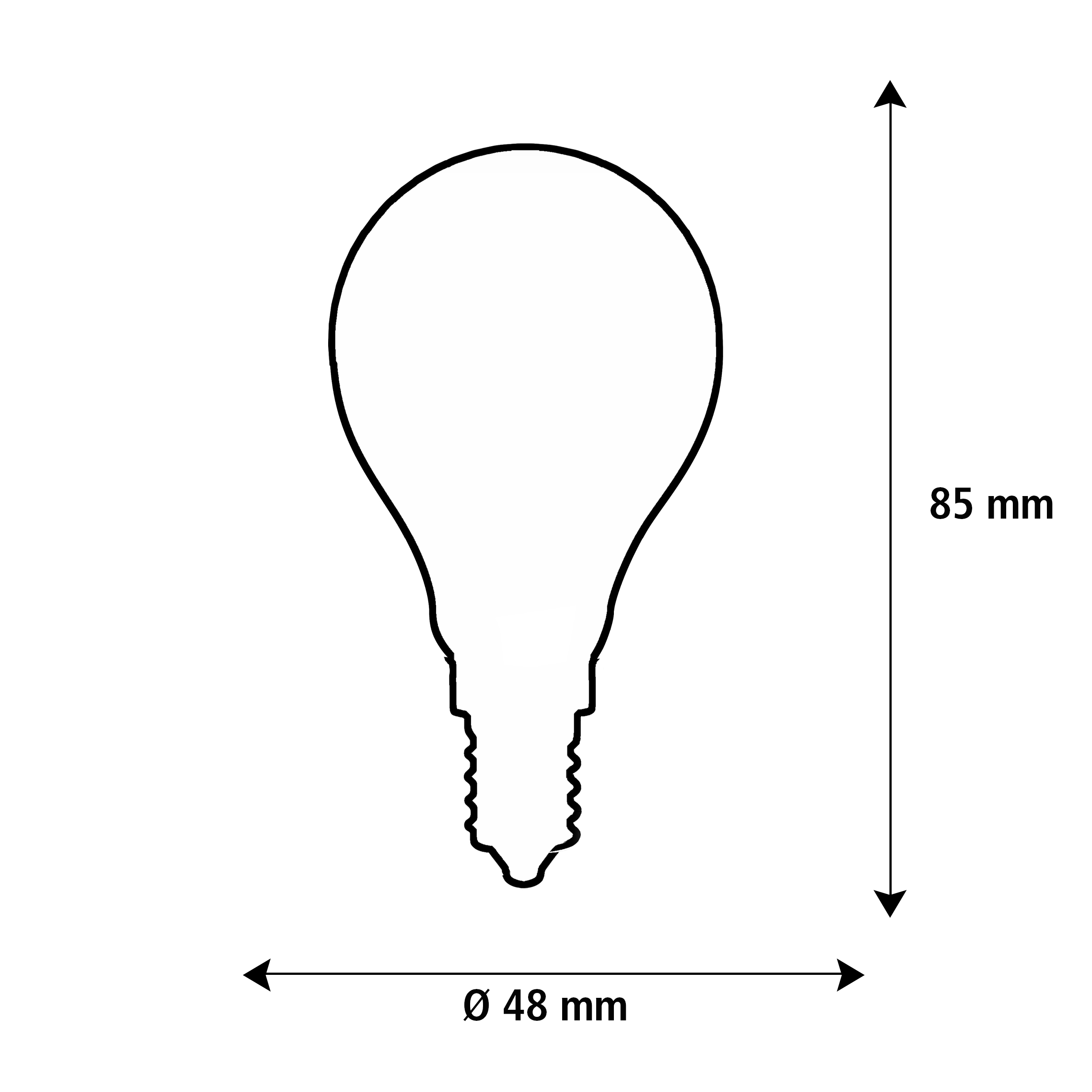 Größenschema Tropfenlampe: Durchmesser 48 mm, Höhe 85 mm