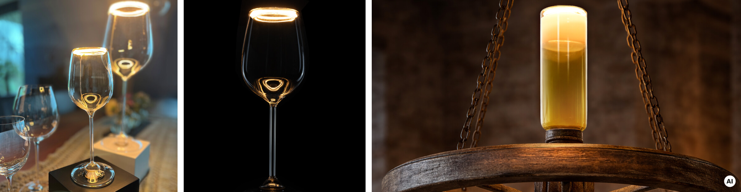 Übersichtsbild mit den SEGULA-Neuheiten aus 2026 - gezeigt werden hier die Floating Mini-Gläser, Wein- und Pilsglas | mit KI erstellt