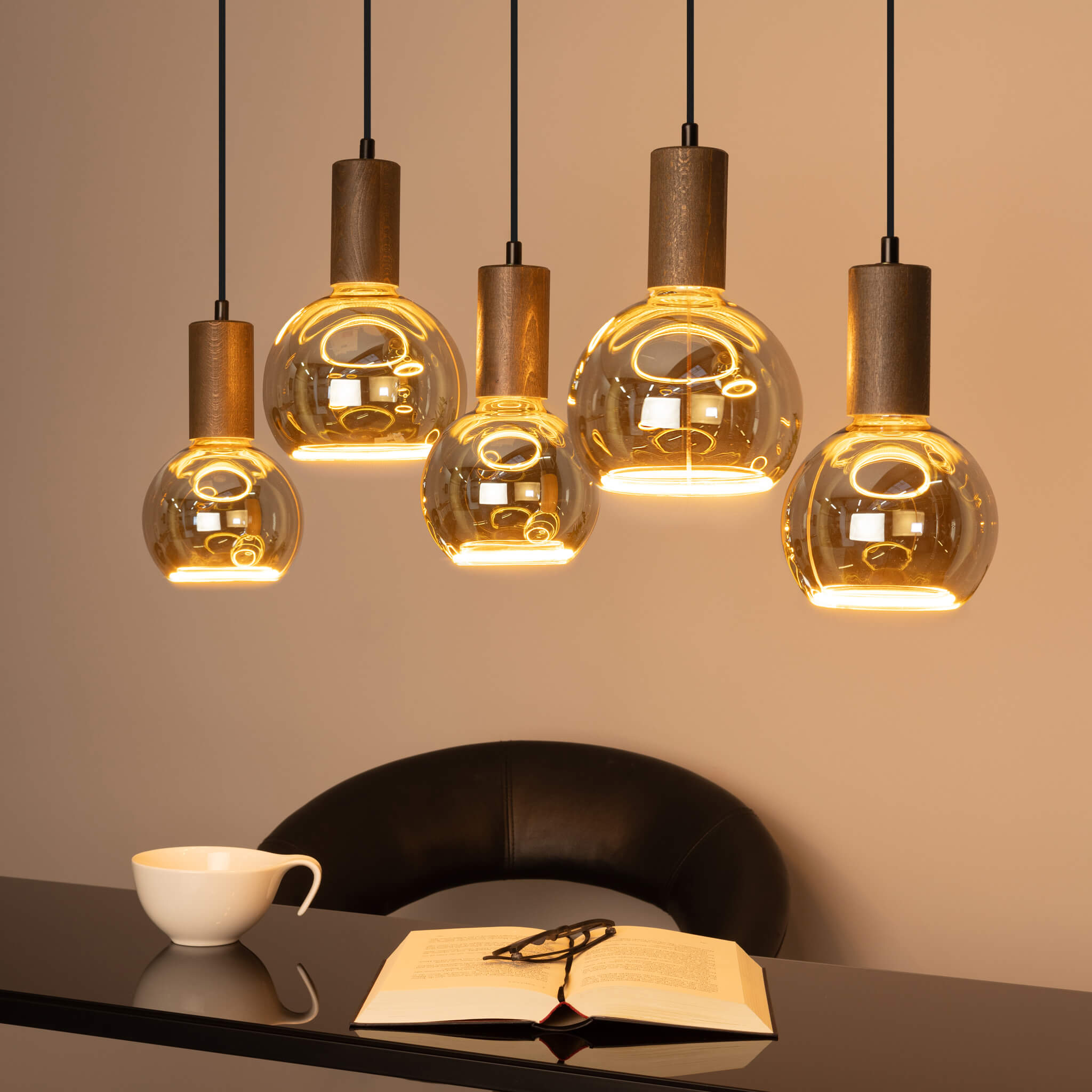 Pendelleuchte FLOW beech wood and walnut finish, 5x E27 | 80325